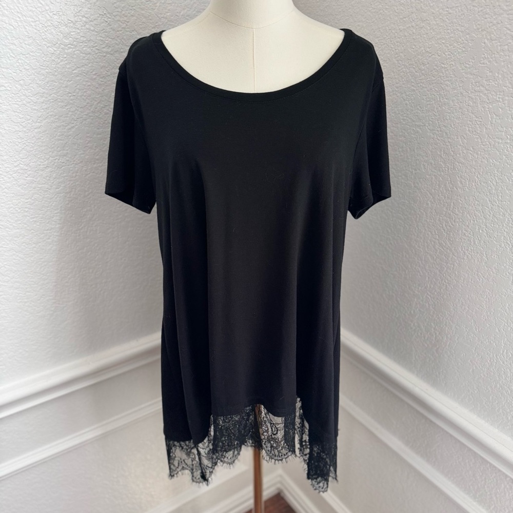 MOSSIMO Black Lace Hem Short Sleeve T-Shirt Tee Swing Tunic Top - Women’s Shirt - Picture 9 of 17